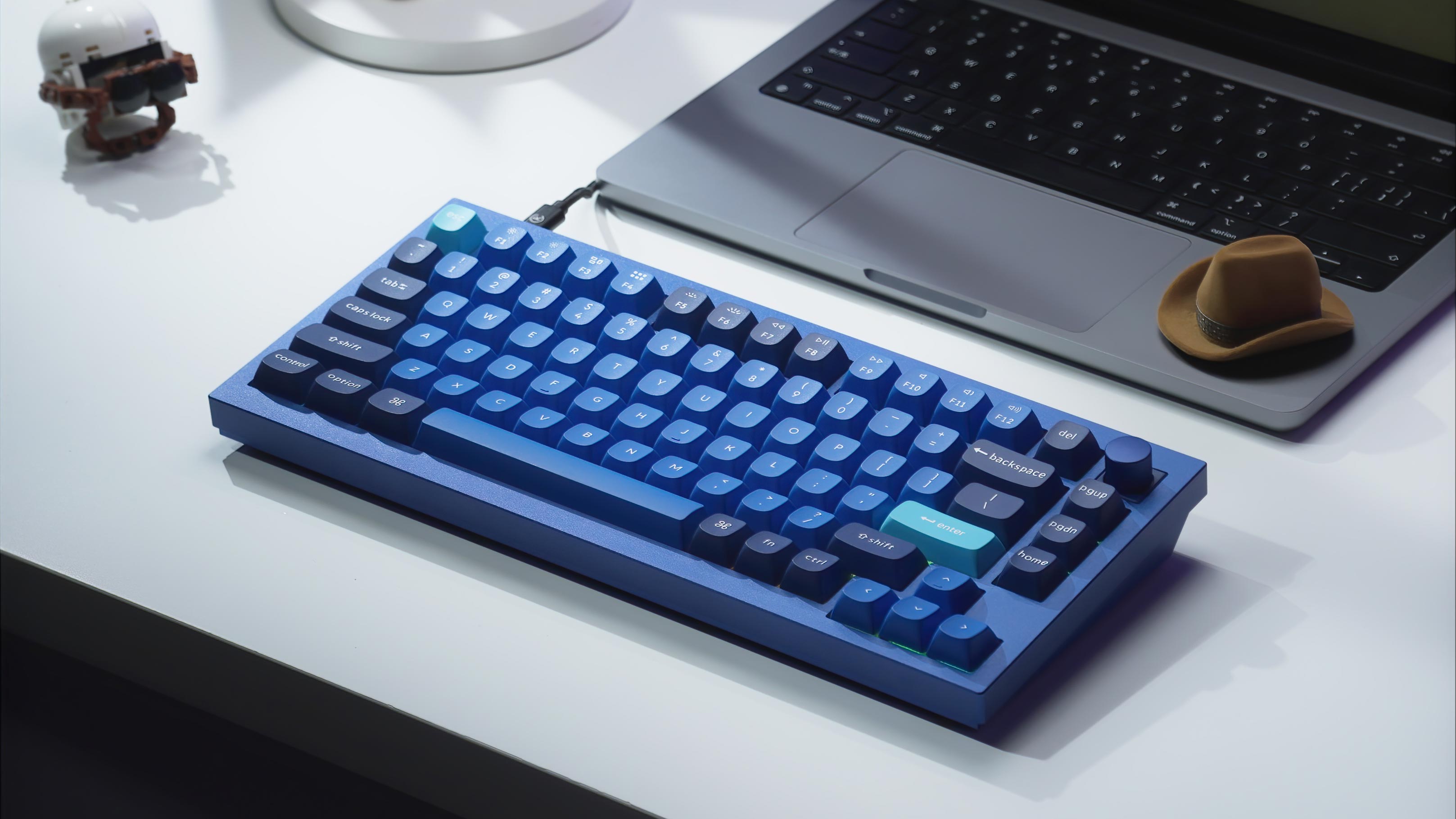 Keychron Q1 QMK VIA 75% layout custom mechanical keyboard with rotary encoder knob version with double-gasket design and screw-in PCB stabilizer and hot-swappable south-facing RGB also with Barebone US ANSI or ISO layout with black grey blue frame