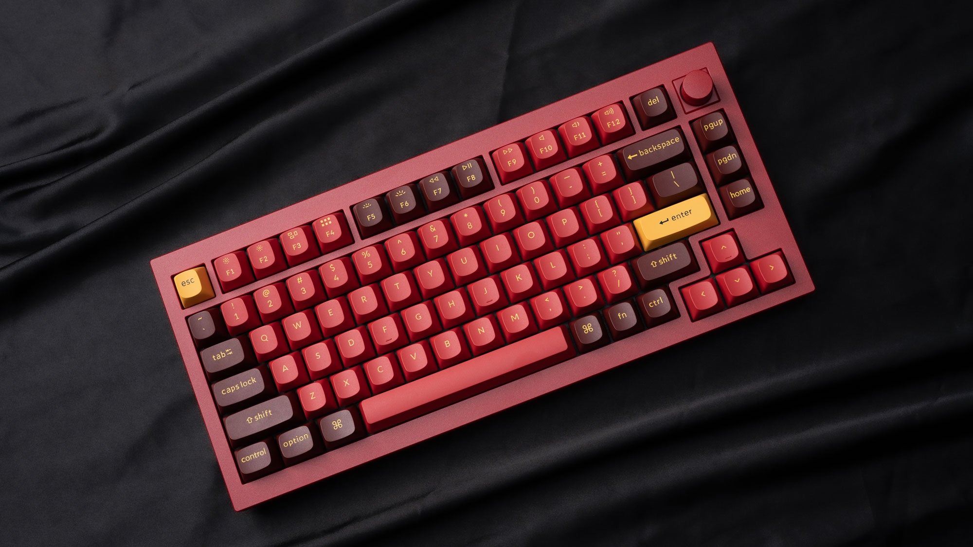 Keychron Q1 QMK VIA 75% layout custom mechanical keyboard with rotary encoder knob version with double-gasket design and screw-in PCB stabilizer and hot-swappable south-facing RGB with red aluminum frame