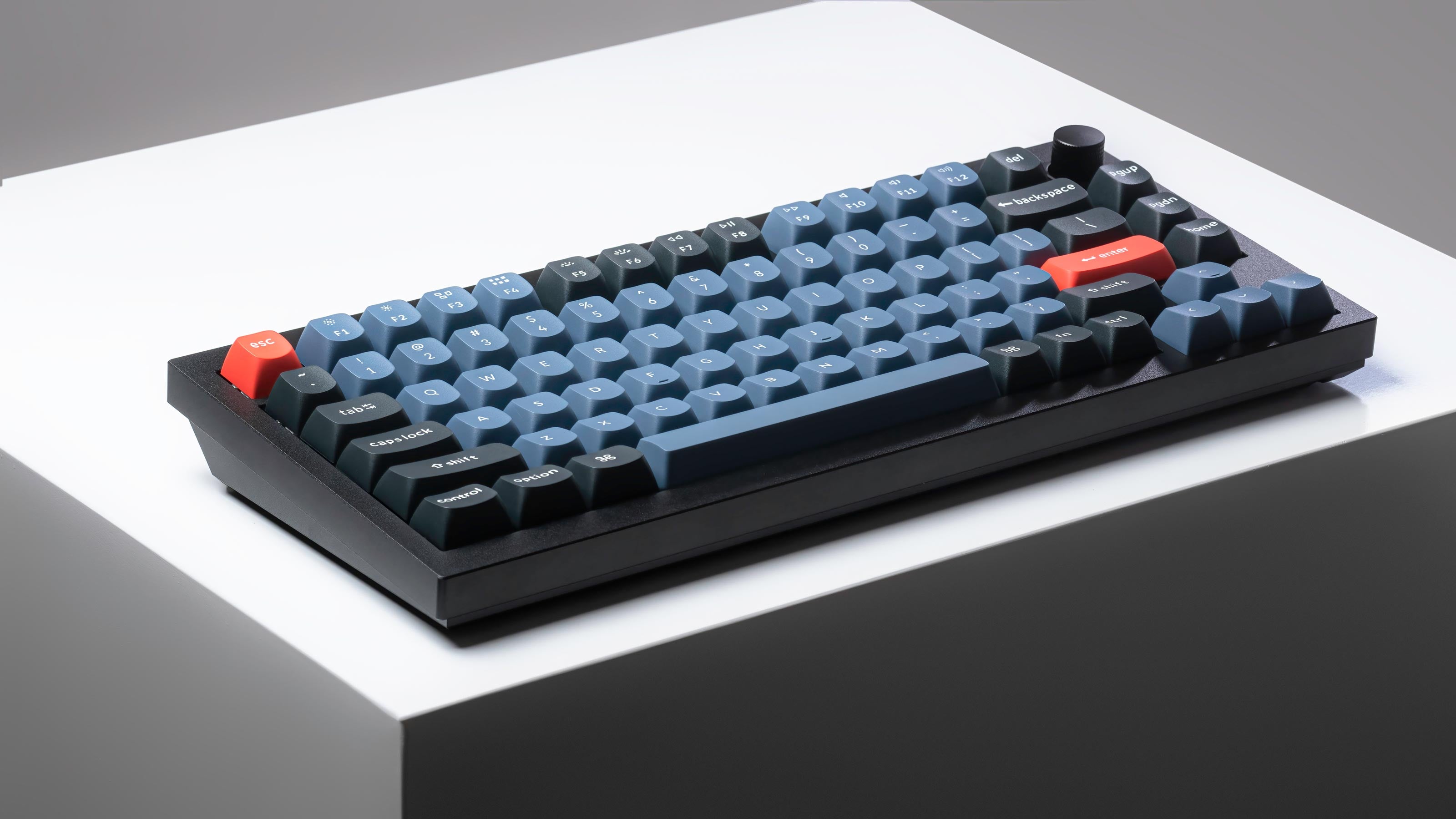 Keychron Q1 QMK VIA 75% layout custom mechanical keyboard with rotary encoder knob version with double-gasket design and screw-in PCB stabilizer and hot-swappable south-facing RGB also with Barebone US ANSI or ISO layout with black grey blue frame