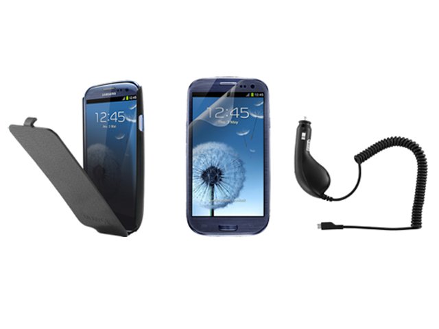 Samsung PACKSMGS3O Galaxy i9300 S3 III Original Accessory Kit Flip-Case/Screen Protector/Car Charger auto lādētājs/maks/ekrāna aizsargplēve
