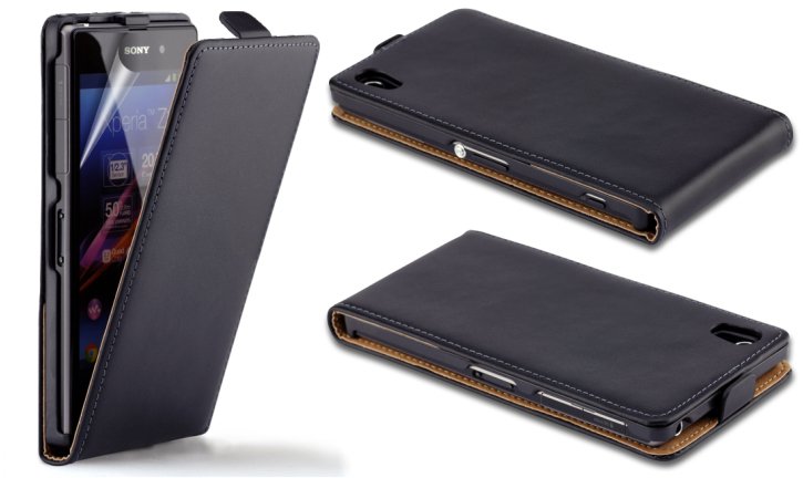 Sony Xperia Z1 Real Genuine Leather Slim Flip Case Cover Black maks