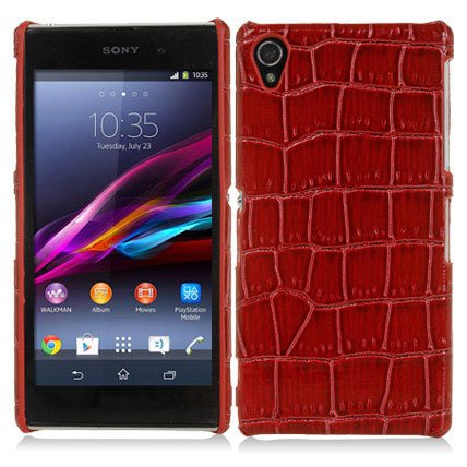 Sony Xperia Z1 Crocodile Skin Design Leather Back Case Cover Red Brown maks