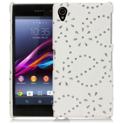 Sony Xperia Z1 Leather Floral Design Crystal Studs Back Case Cover White maks C6903