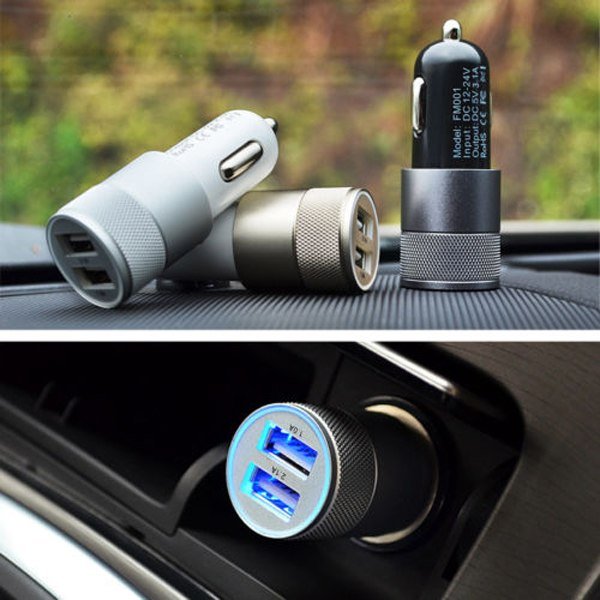 Auto Universal Dual USB Car Charger 2.1A/1A 12-24V LED Auminium Adapter Tablets Phone Camera Navigations autolādētājs