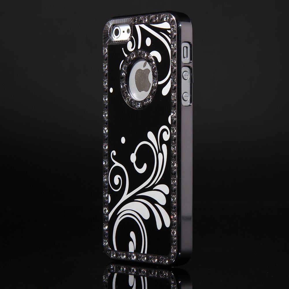 Apple iPhone 5 Luxury Diamond Floral Chrome Aluminum Crystal Back Case Cover Black maks
