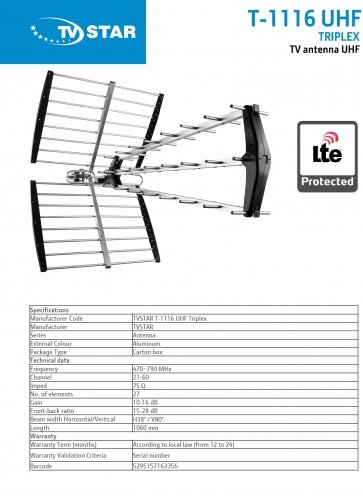 Estar Antenna T-1116 UHF Triplex LTE Black