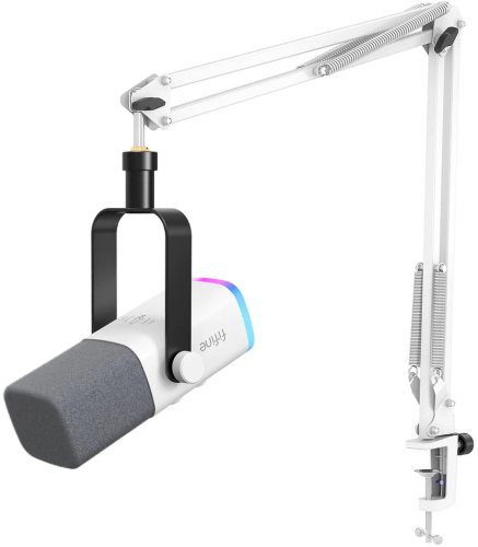 Fifine AmpliGame AM8T White wired microphone with stand and RGB backlight | USB/XLR