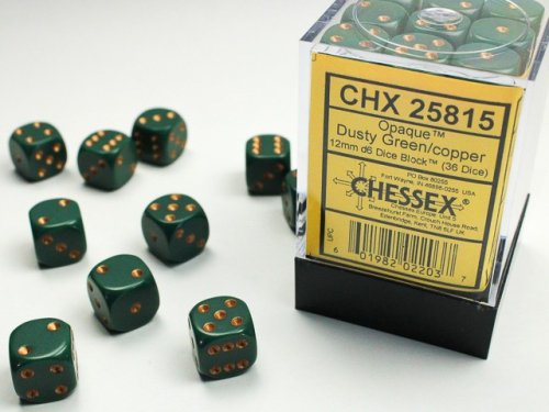 Chessex Opaque 12mm d6 with pips Dice Blocks (36 Dice) - Dusty Green/Gold
